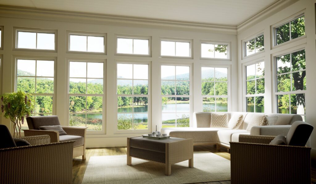 Bright living room with large windows overlooking a serene lake.